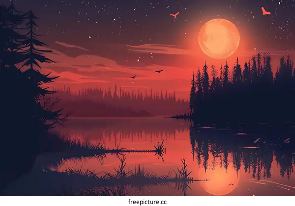 Night Sky with Full Moon and Reflection in Water