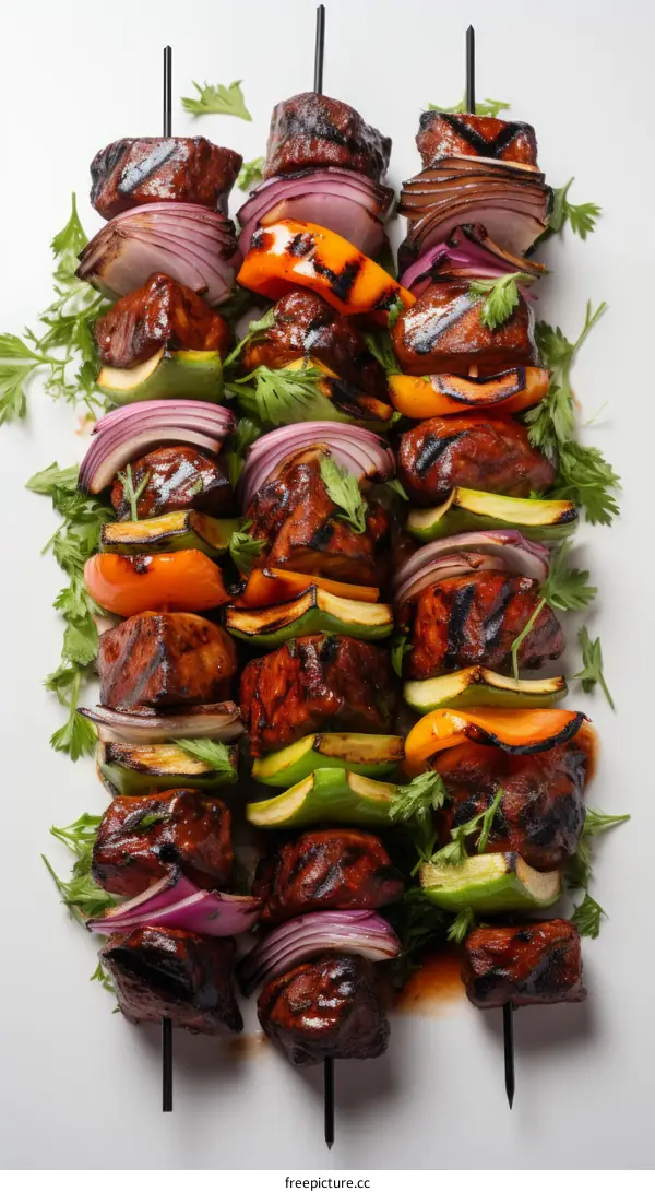 Beef and vegetable skewers with parsley garnish