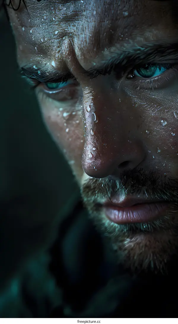 Portrait of a young man with water drops on his face