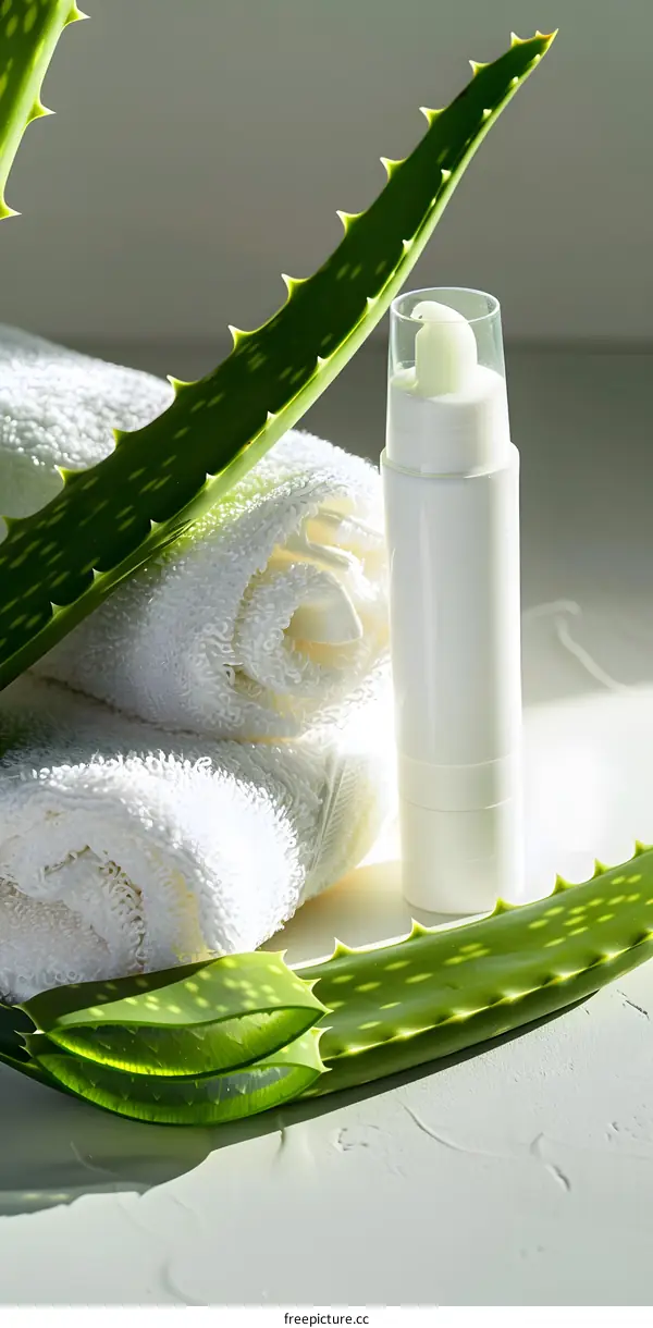 Aloe Vera Plant with Cream Bottle and Towels for Spa Treatment
