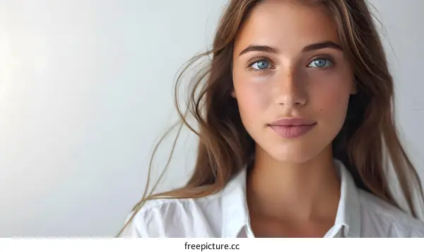 Beautiful Young Woman with Freckles and Blue Eyes
