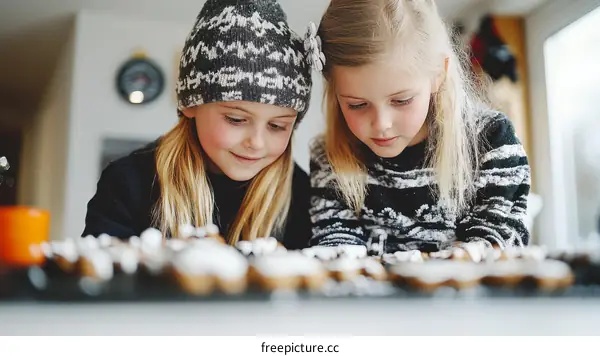 Two Caucasian Girls Decorating Christmas Cookies