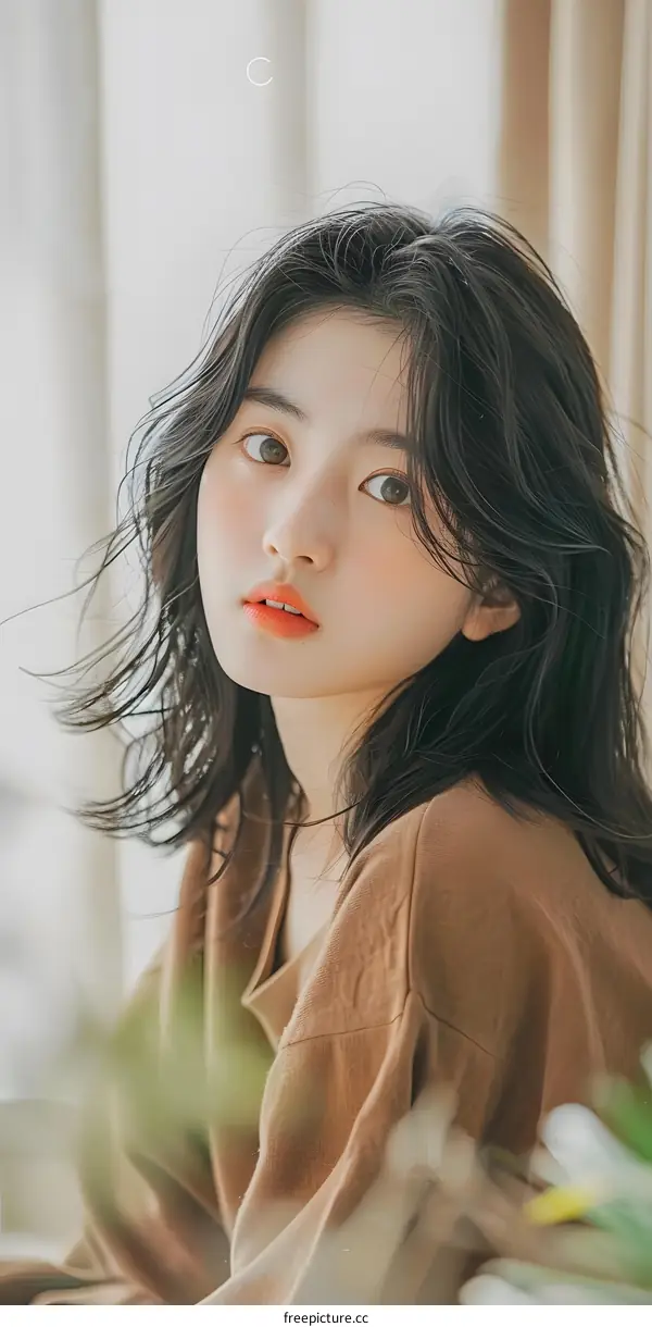 Portrait of Asian Woman with Brown Hair and Brown Sweater Looking Away from the Camera