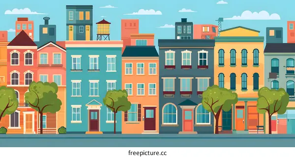 Colorful Cityscape Illustration With Row of Houses and Trees