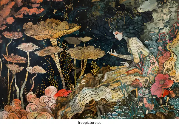 Fantasy Art Illustration With Woman Sitting Among Mushrooms