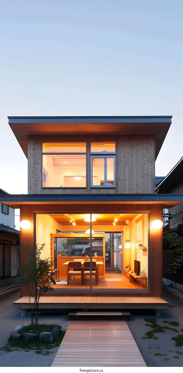 Modern Japanese House With Wooden Deck And Patio