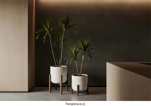 Modern indoor plants in white pots with wooden stands