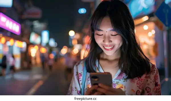 Smiling Woman Using Smartphone at Night in City