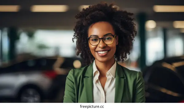 Confident young businesswoman standing in a car dealership