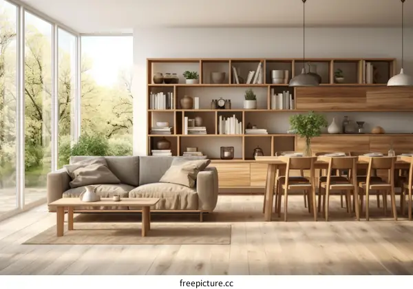 An inviting living and dining space with a large bookshelf