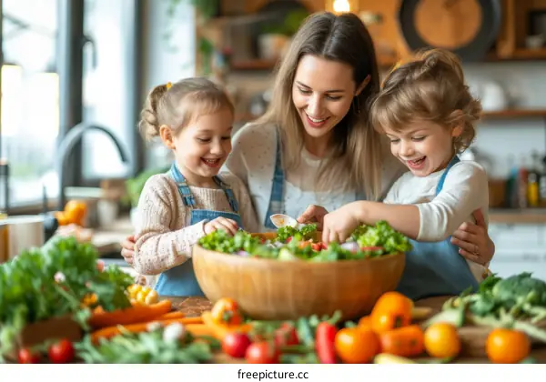 Mother and children cooking together in the kitchen