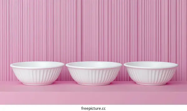 Three White Bowls on a Pink Background