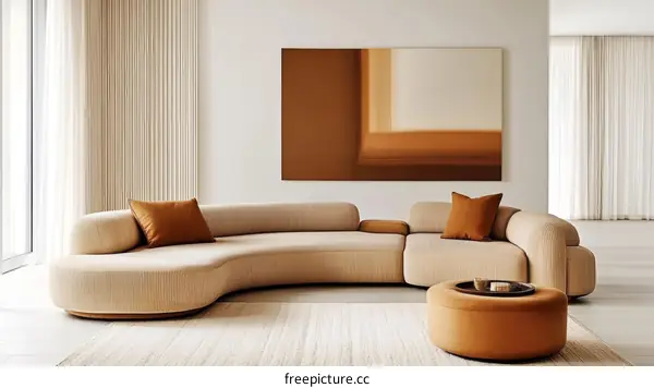 Modern Beige Sectional Sofa with Orange Accents in a Minimalist Living Room