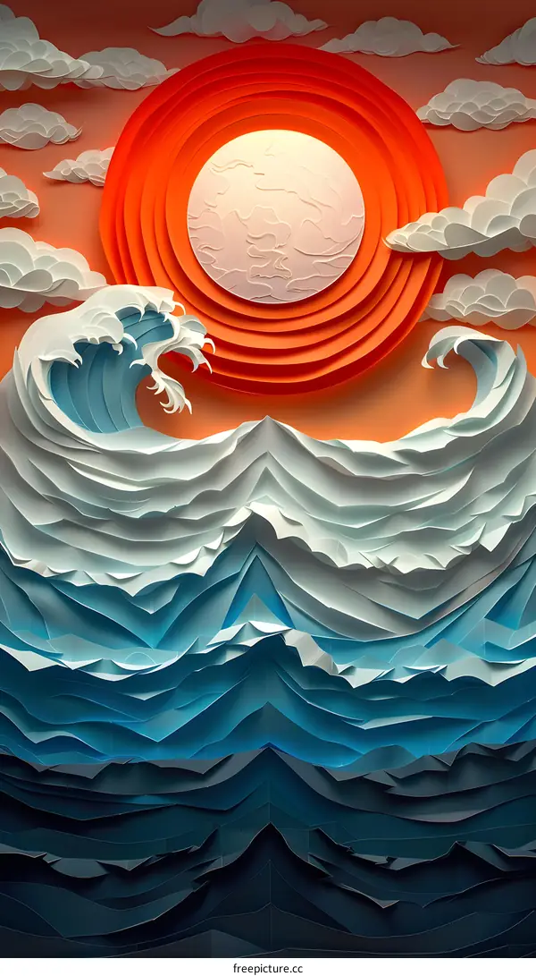 Layered papercut waves and sun