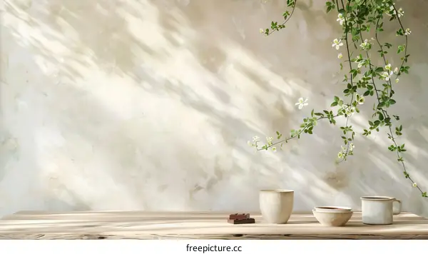 An illustration of a wooden table with two cups and some flowers on it