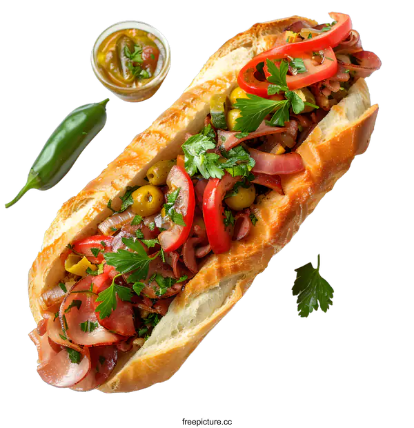 [Transparent Background PNG]Delicious baguette sandwich with ham and vegetables