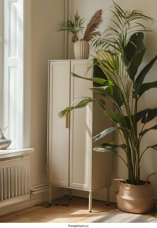 White Cabinet with Green Plants in a Room with Wooden Floor