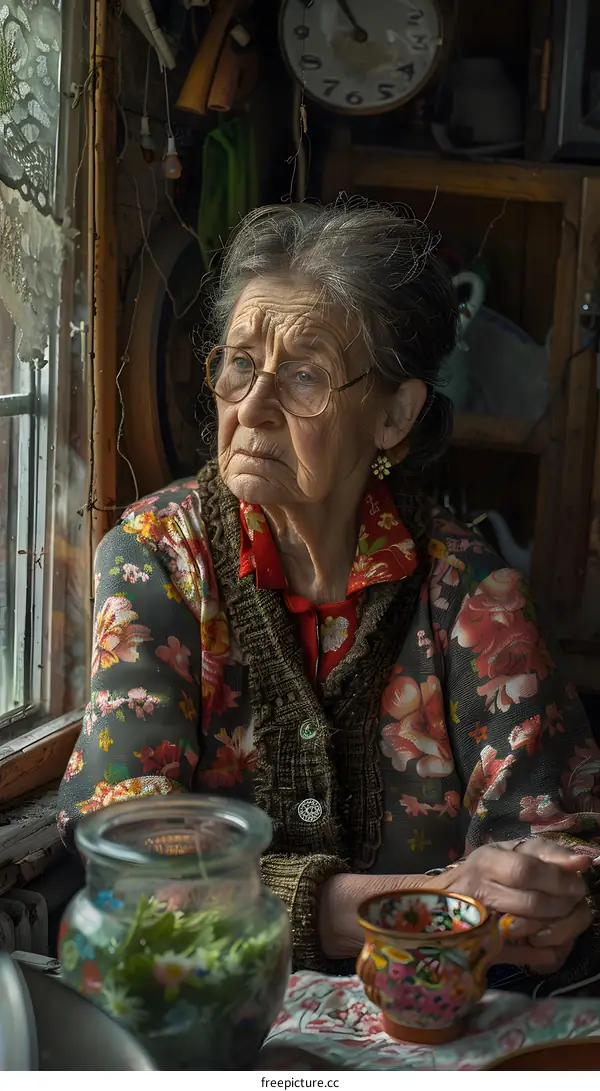 Old Woman Sitting by Window in Vintage Home Interior
