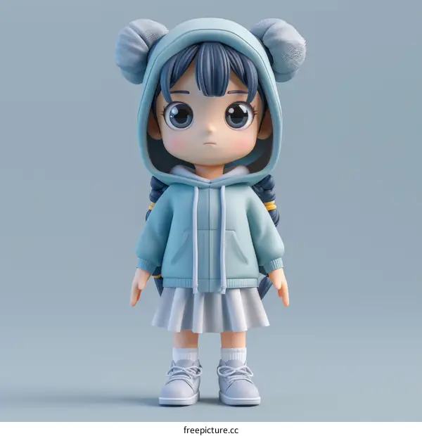 Cute Anime Girl in Hoodie with Blue Hair - 3D Render