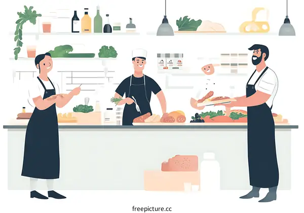 Four People Working in a Kitchen Preparing Food