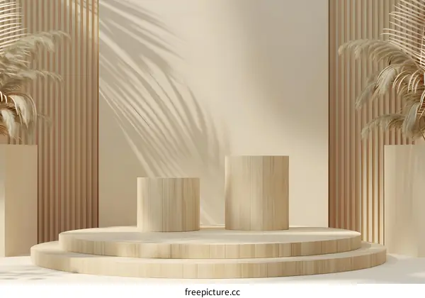 Minimalist Wooden Podium with Dried Grass and Shadows