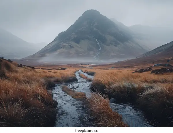 Small river in a valley with a mountain in the background