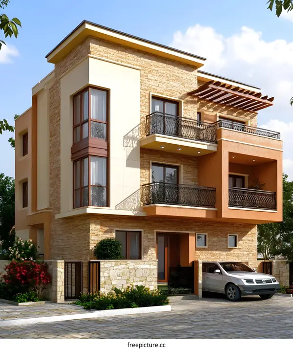 Modern House Exterior with Stone Facade and Balcony