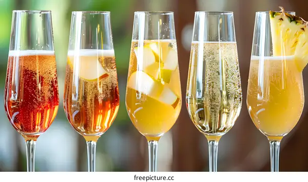 Five Glasses of Sparkling Wine with Different Flavors