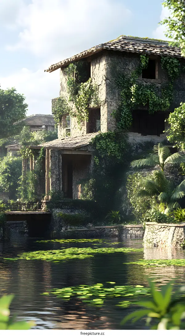Stone House With Ivy Vines Growing On The Walls