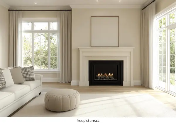 Cozy Living Room with Fireplace and Large Windows