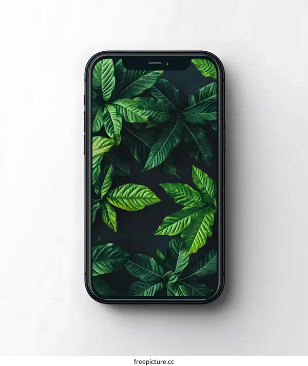 Black Smartphone with Green Leaves Wallpaper