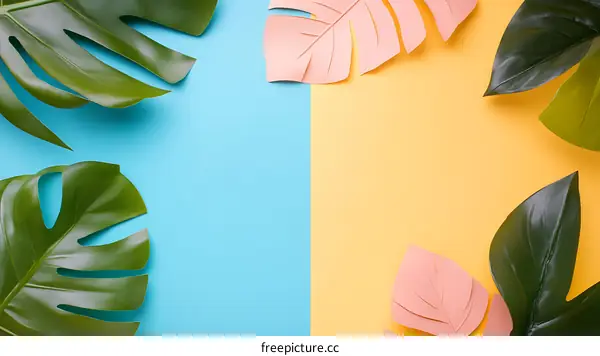 Tropical Leaves on a Blue and Yellow Background