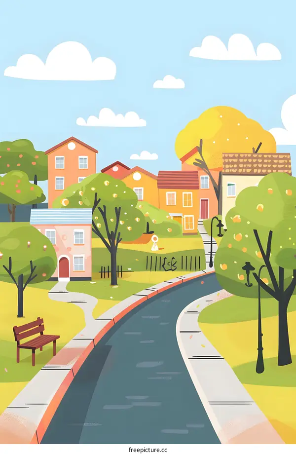 Cartoon Illustration of a Small Town with Houses, Trees and a Winding Road
