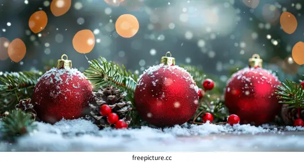 Red Christmas Baubles with Fir Branches and Snow