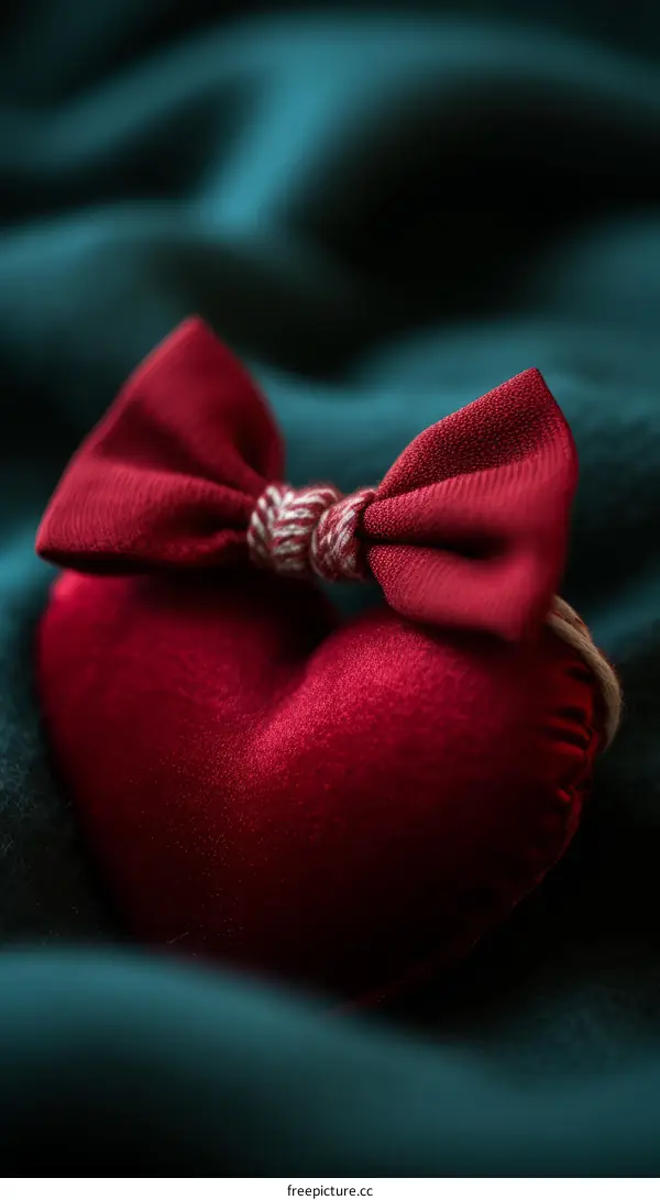 red heart with a bow on a green fabric background