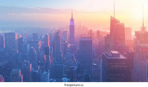 Panoramic View of New York City Skyline at Sunset