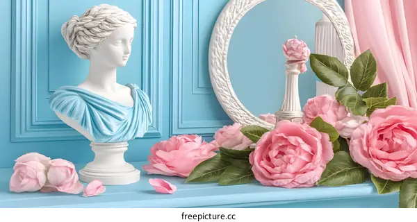 White Bust Statue with Pink Roses on Blue Background