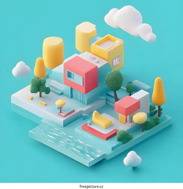 3D Minimalist House Illustration with Clouds and Trees