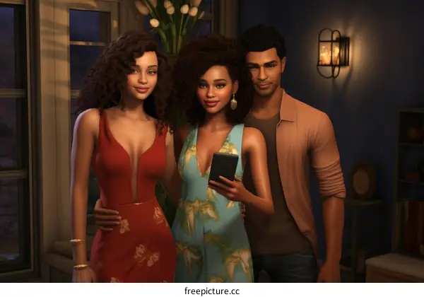 Three people of African descent in evening wear are posing for a photo. There are two women and one man. The women are wearing dresses and the man is wearing a shirt and jeans.