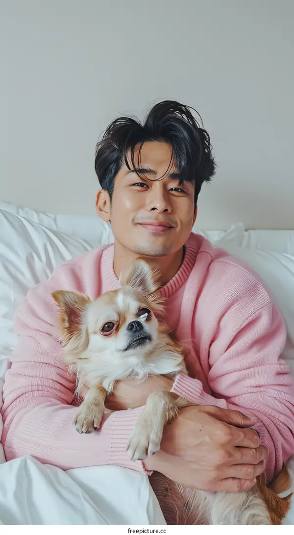 Asian man wearing pink sweater smiling and hugging a chihuahua