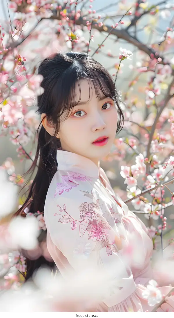Asian Woman in Pink Dress Standing in a Cherry Blossom Tree