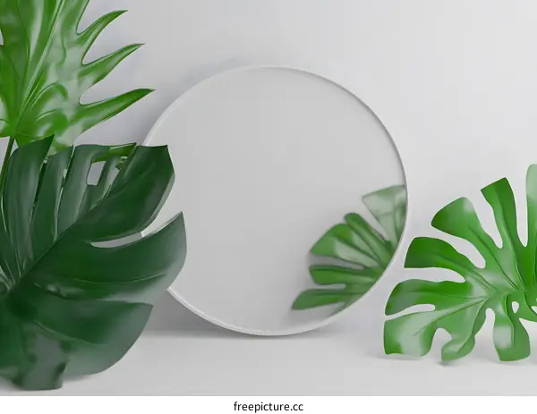 White Circle Mockup with Green Monstera Leaves
