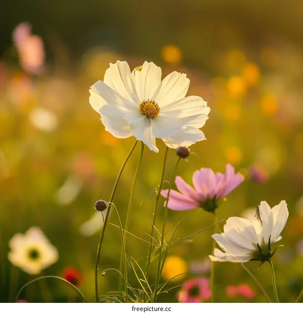White cosmos flower in a field of flowers