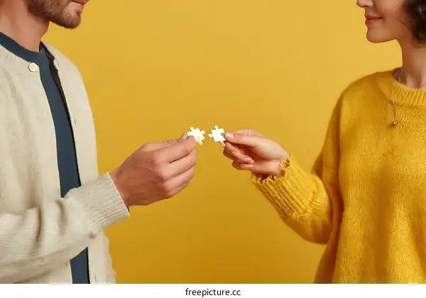 Two People Connecting Jigsaw Puzzle Pieces on Yellow Background