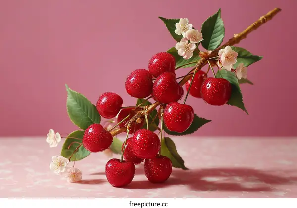 Fresh Cherries with Blossoms on Pink Background