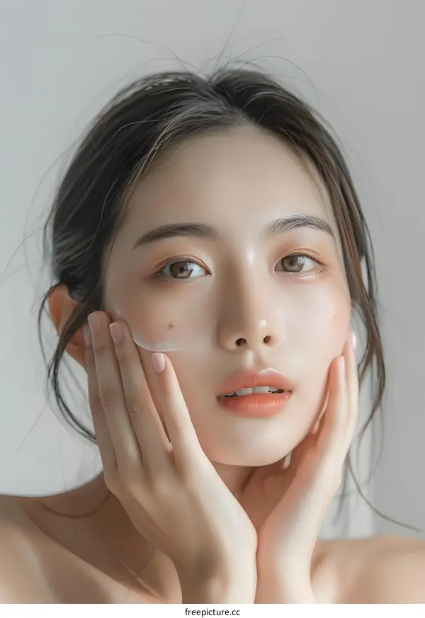 Portrait of a Young Woman Applying Facial Cream