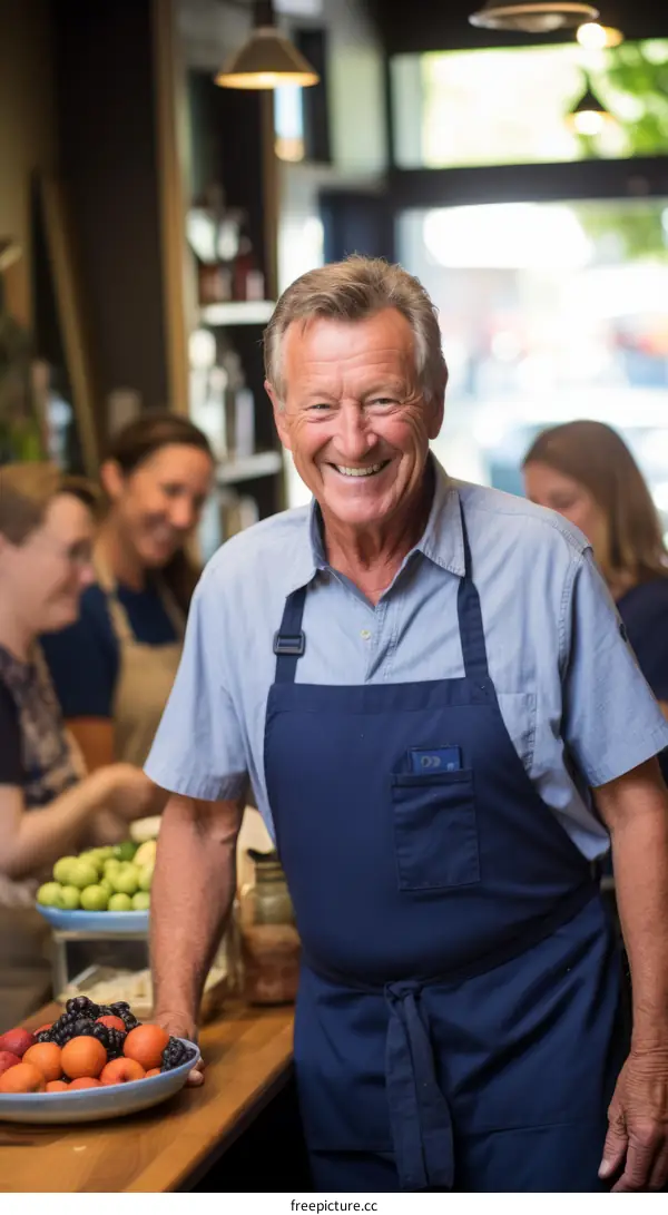 Portrait of a smiling greengrocer leaning on a counter