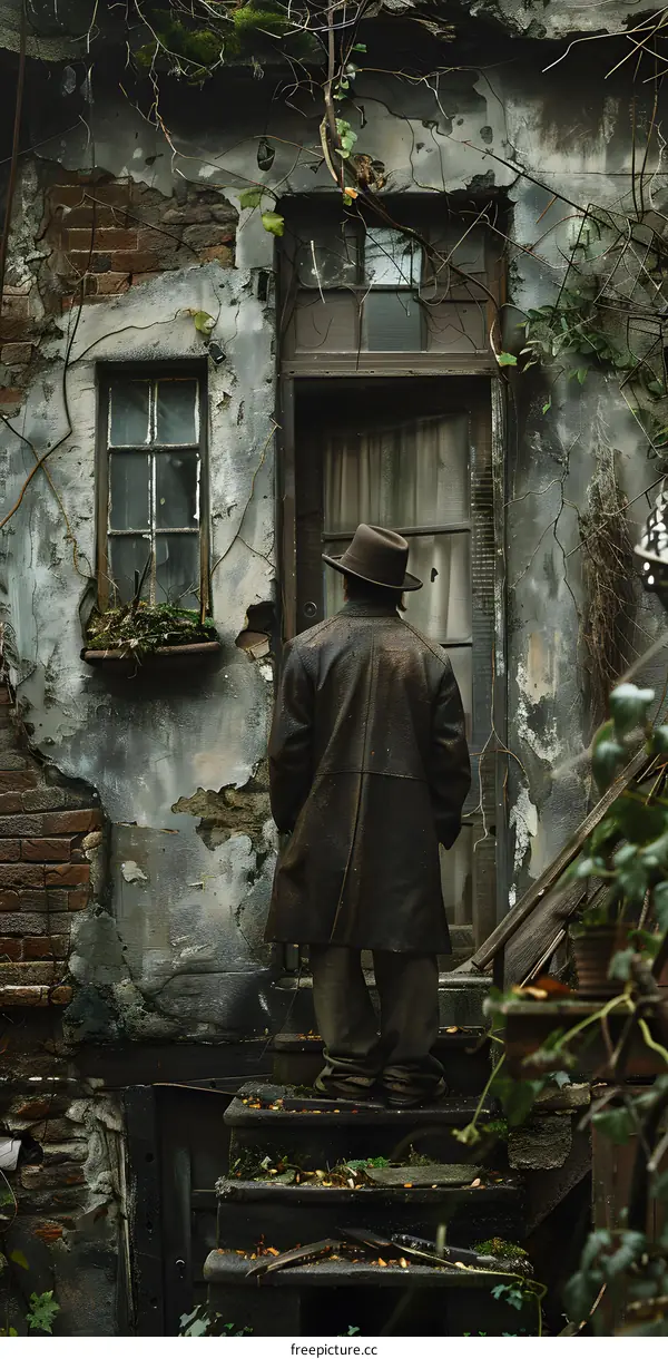 man in a brown coat standing in front of an old building