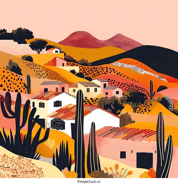 Illustrated Landscape of Desert Homes