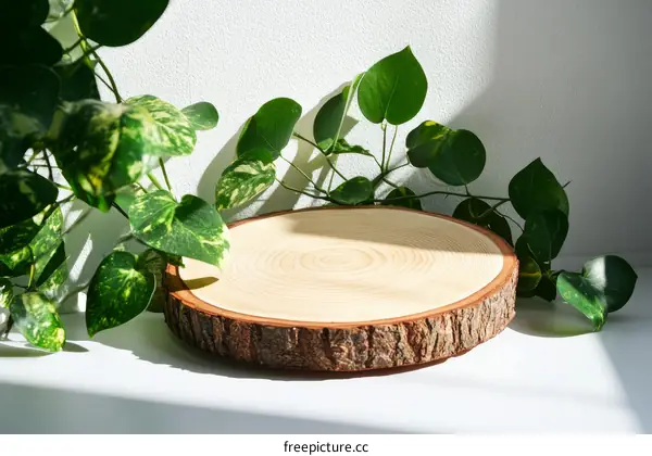 Natural Wooden Slice Display Stand with Greenery